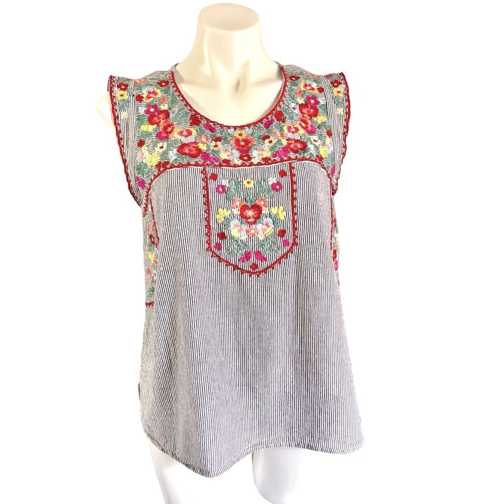 Savanna Jane Floral Embroidered Pin Stripe Top Size Large